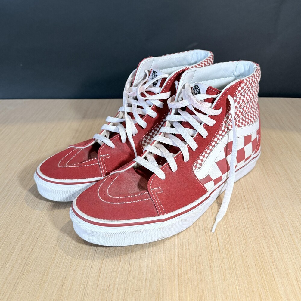 Vans Sk8-Hi Checkerboard Shoes Mens Size 11.5 Red Suede High Top Skate Sneakers